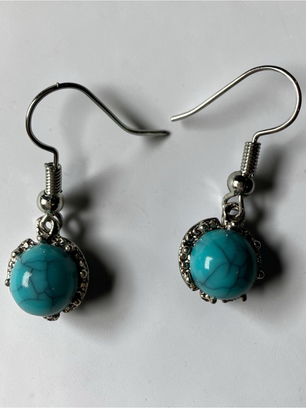 Boutique Silver Turquoise Dangle Earrings Southwestern Textured Frame Faux Stone